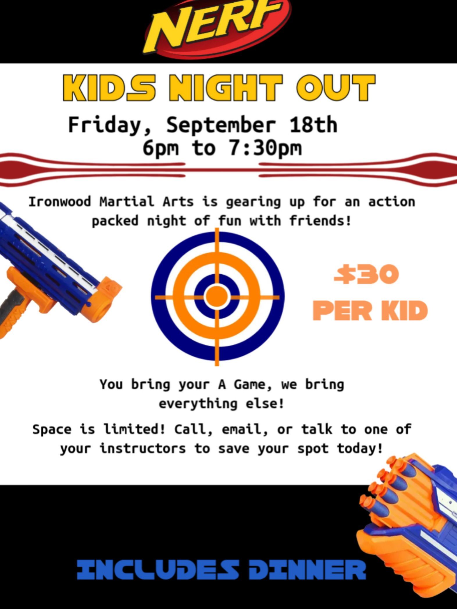 Ironwood Martial Arts Kid&rsquo;s Night Out flyer